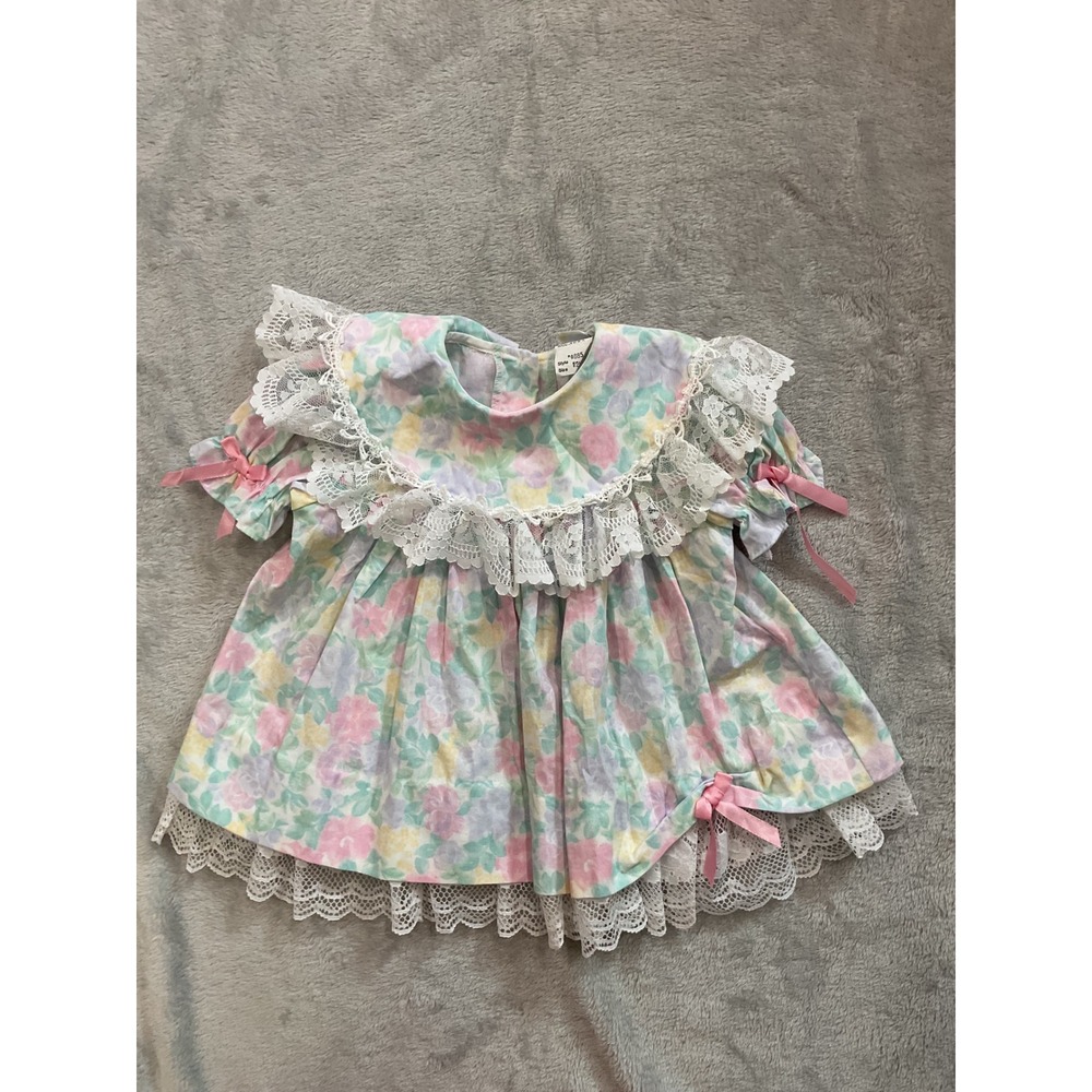 Vintage Bryan Baby Girl Floral Lace Dress Pastel Pink Blue Yellow 12M 8885